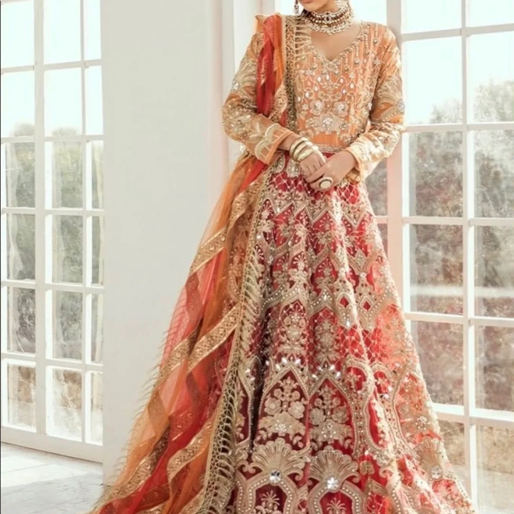 red and golden bridal dress Red and Gold Bridal Peshwas Set (D-05) – Ammara Khan main image 0